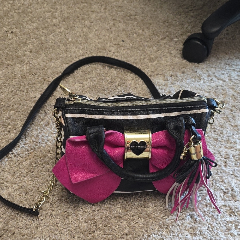 Betsey Johnson Black and Pink Crossbody Bag with Gold Hardware
